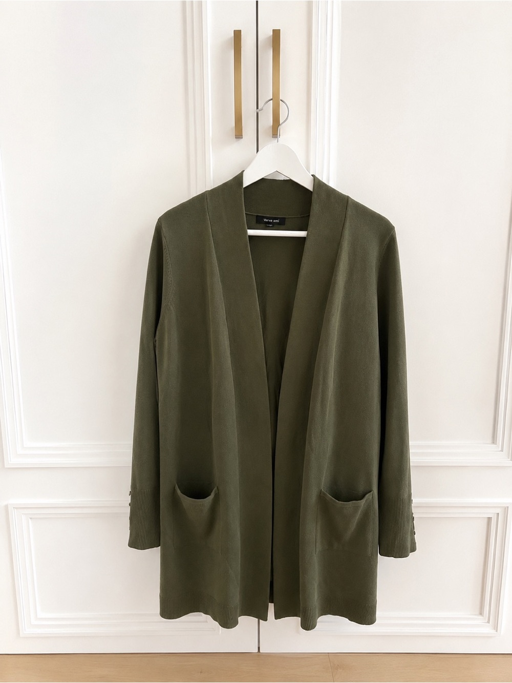Verve Ami- Olive Green Open Front Long Cardigan